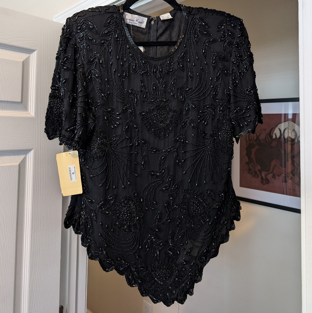 NWT Vintage Laurence Kazar Black Sequin Silk Formal Evening Blouse Top